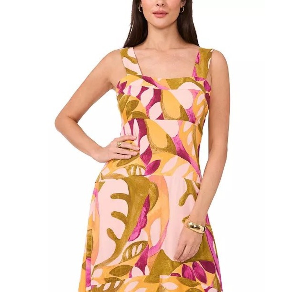 Vince Camuto Square Neck Smocked-Back Sleeveless Maxi Sundress XL Tropical Dress - Picture 2 of 11